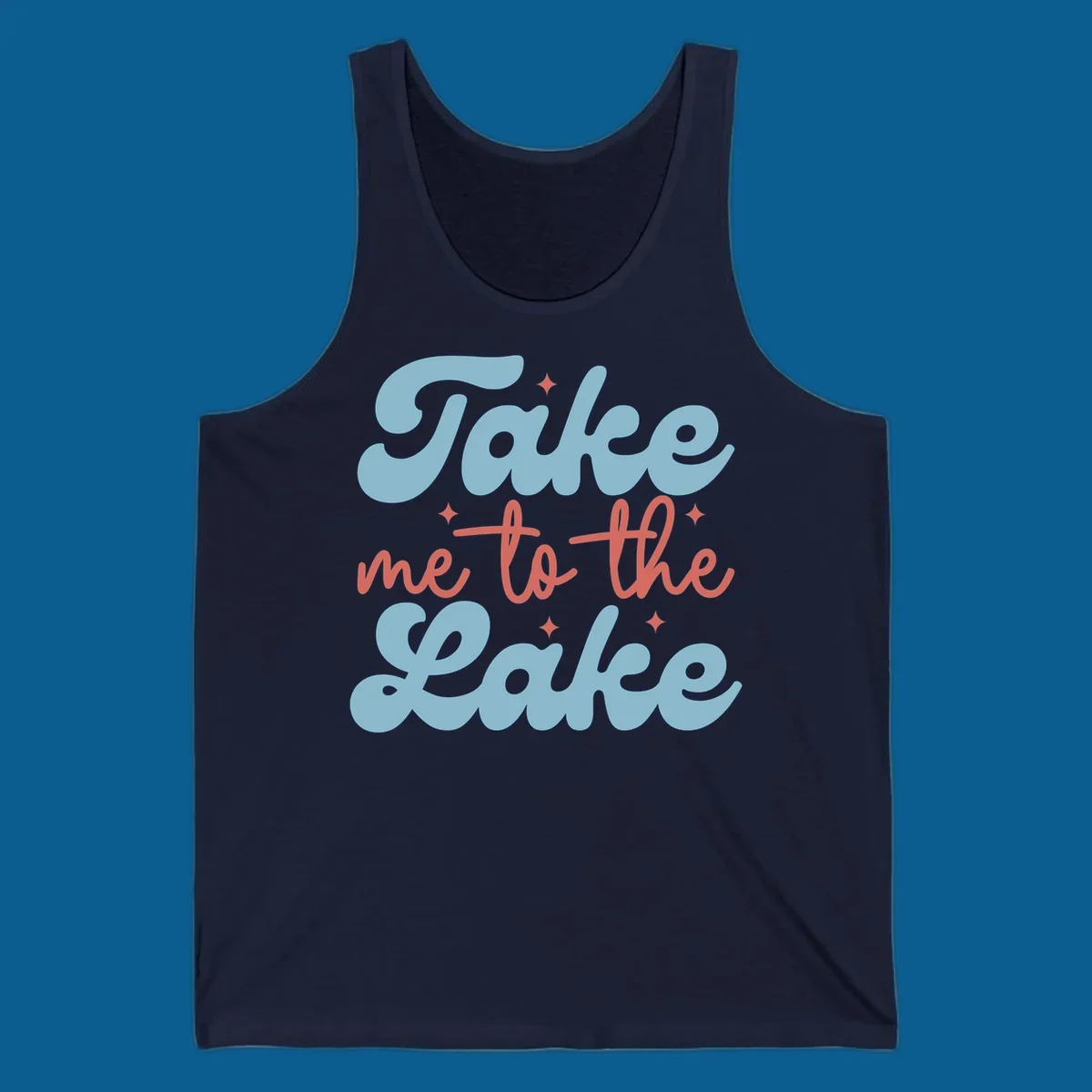 Retro 'Take me to the lake' text design with blue and coral lettering and white starbursts.