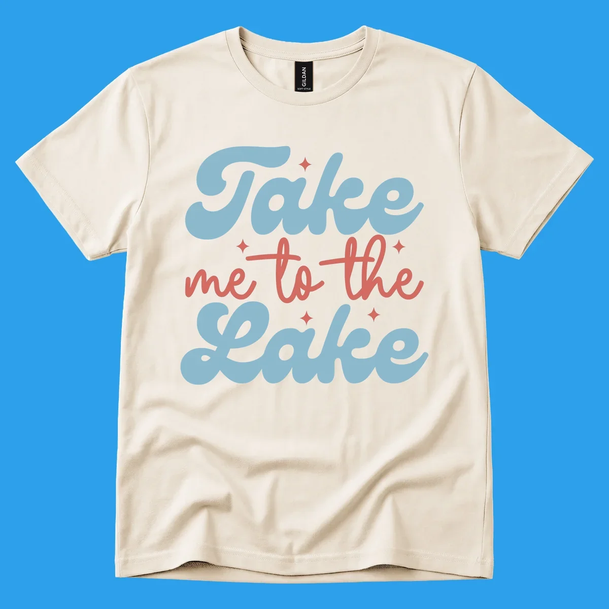 Retro 'Take me to the lake' text design with blue and coral lettering and white starbursts.