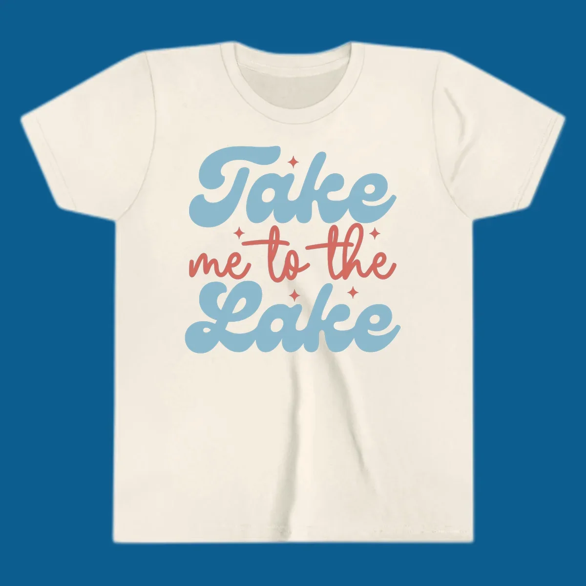 Retro 'Take me to the lake' text design with blue and coral lettering and white starbursts.