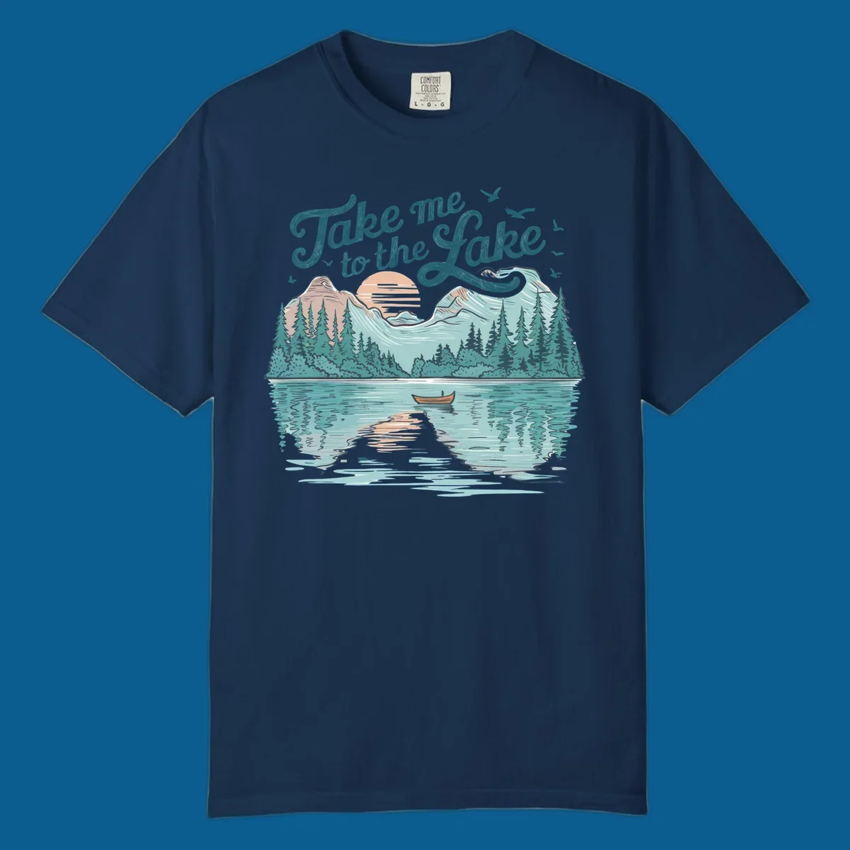 Scenic lake landscape illustration with mountains, trees, rowboat, and text 'Take me to the Lake'.