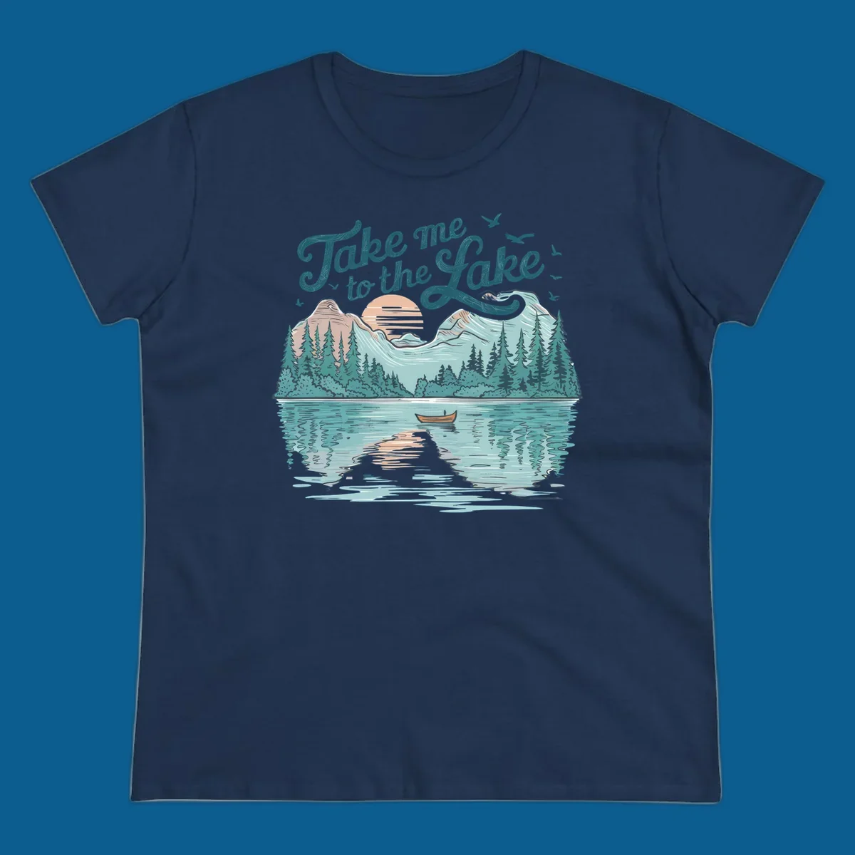 Scenic lake landscape illustration with mountains, trees, rowboat, and text 'Take me to the Lake'.
