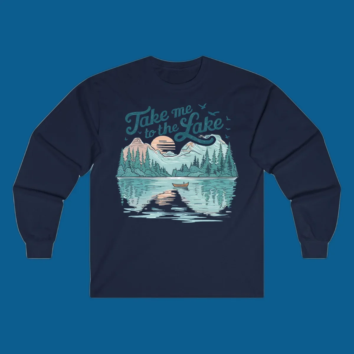 Scenic lake landscape illustration with mountains, trees, rowboat, and text 'Take me to the Lake'.