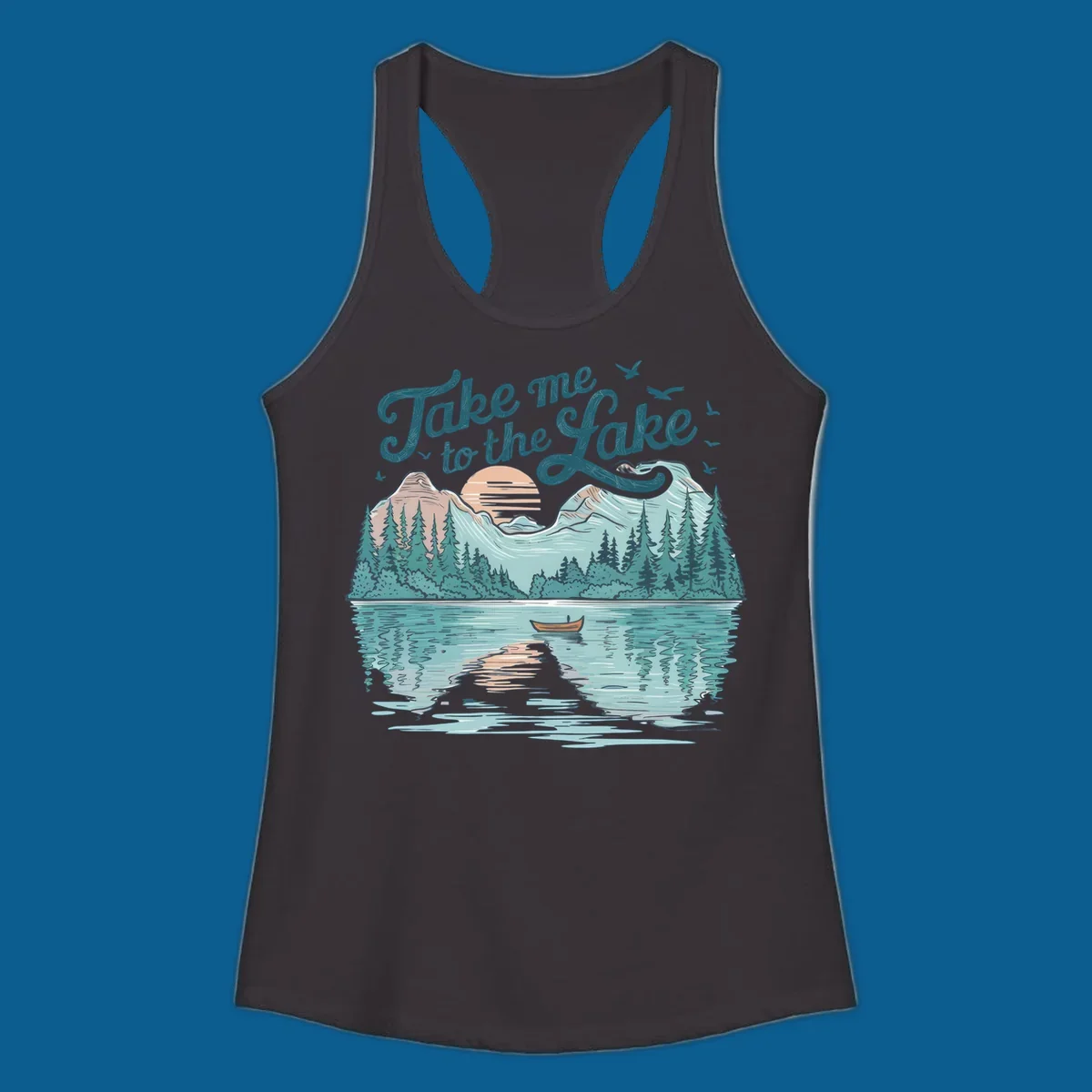 Scenic lake landscape illustration with mountains, trees, rowboat, and text 'Take me to the Lake'.
