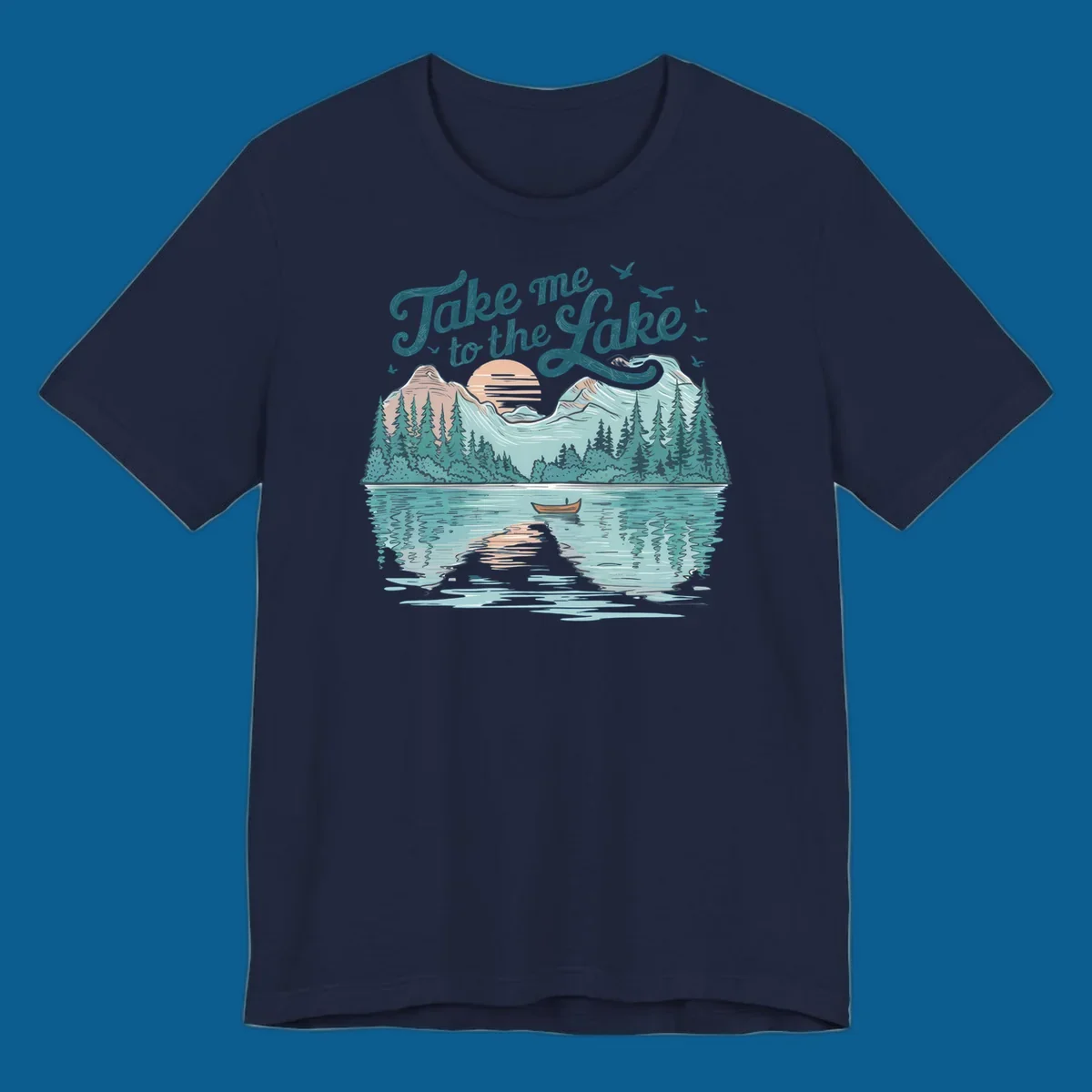 Scenic lake landscape illustration with mountains, trees, rowboat, and text 'Take me to the Lake'.