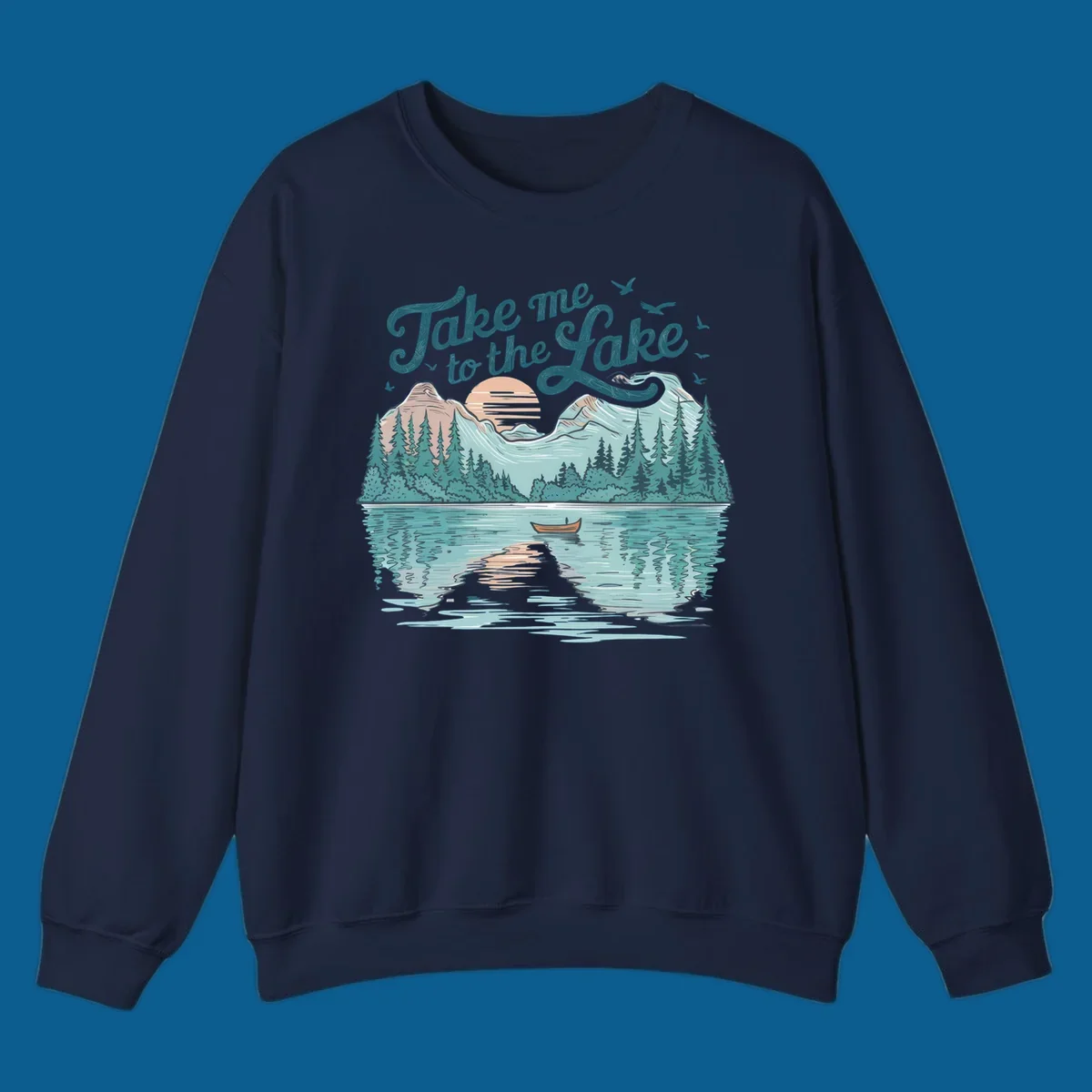 Scenic lake landscape illustration with mountains, trees, rowboat, and text 'Take me to the Lake'.