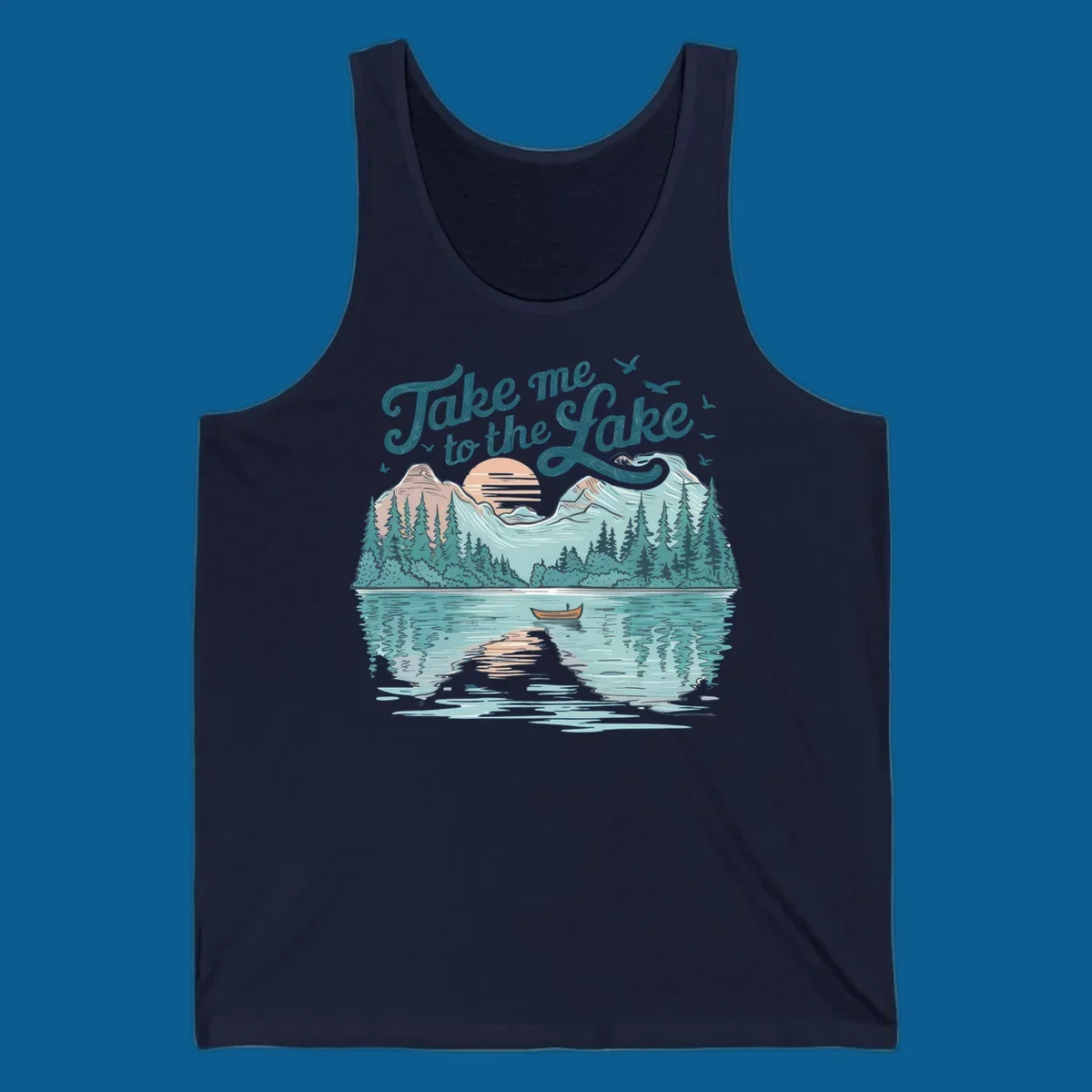 Scenic lake landscape illustration with mountains, trees, rowboat, and text 'Take me to the Lake'.