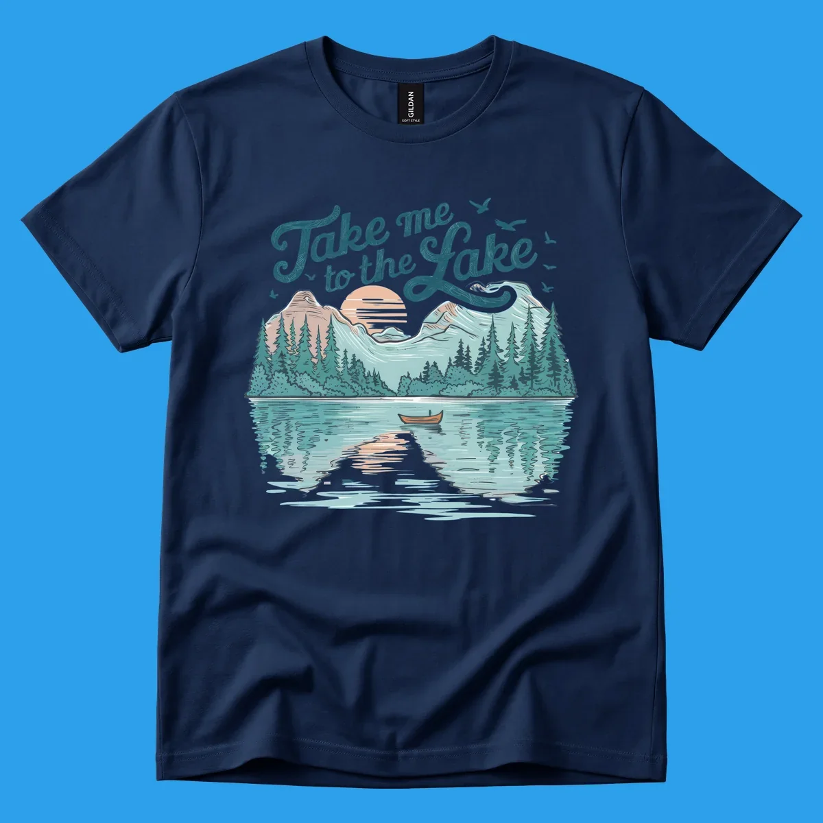 Scenic lake landscape illustration with mountains, trees, rowboat, and text 'Take me to the Lake'.