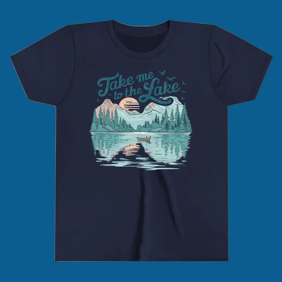Scenic lake landscape illustration with mountains, trees, rowboat, and text 'Take me to the Lake'.