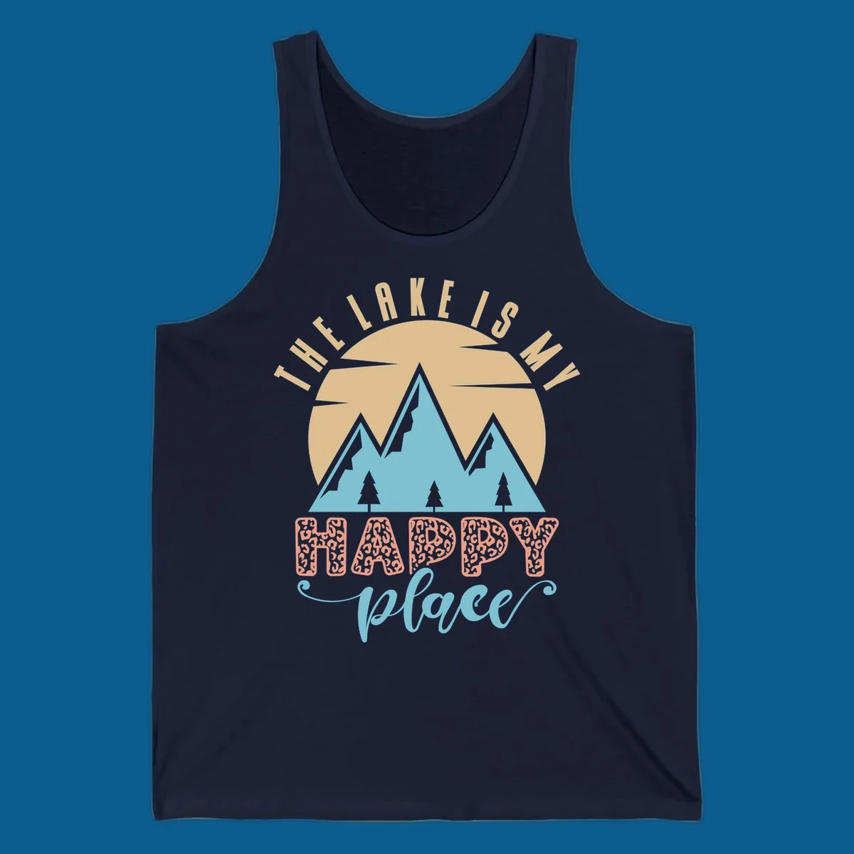 Illustration of mountains and sun with text 'The Lake Is My Happy Place' and leopard print.