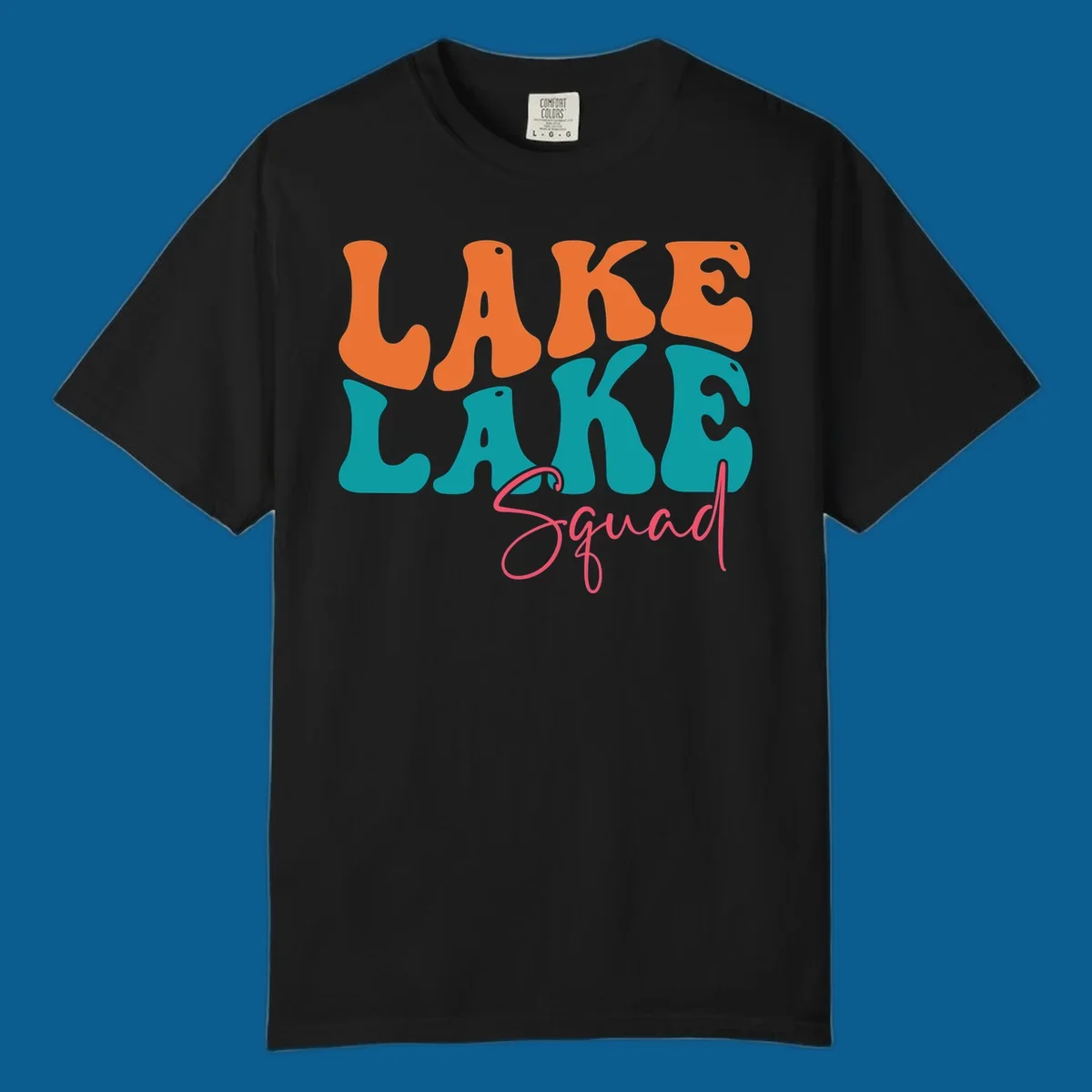 Retro LAKE LAKE Squad text design in orange, teal, and pink.