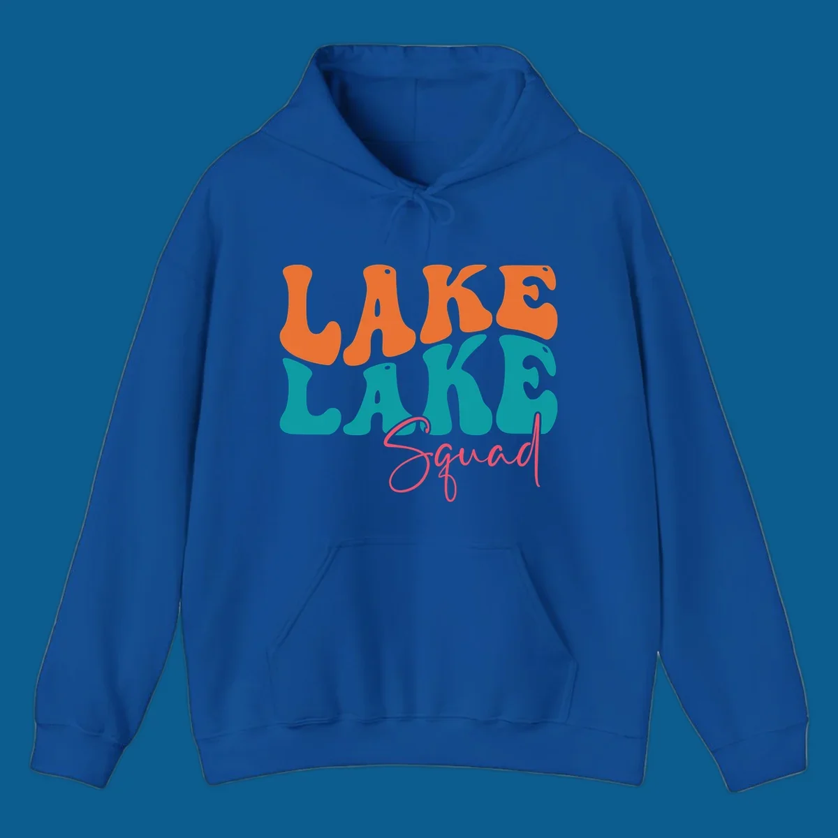 Retro LAKE LAKE Squad text design in orange, teal, and pink.
