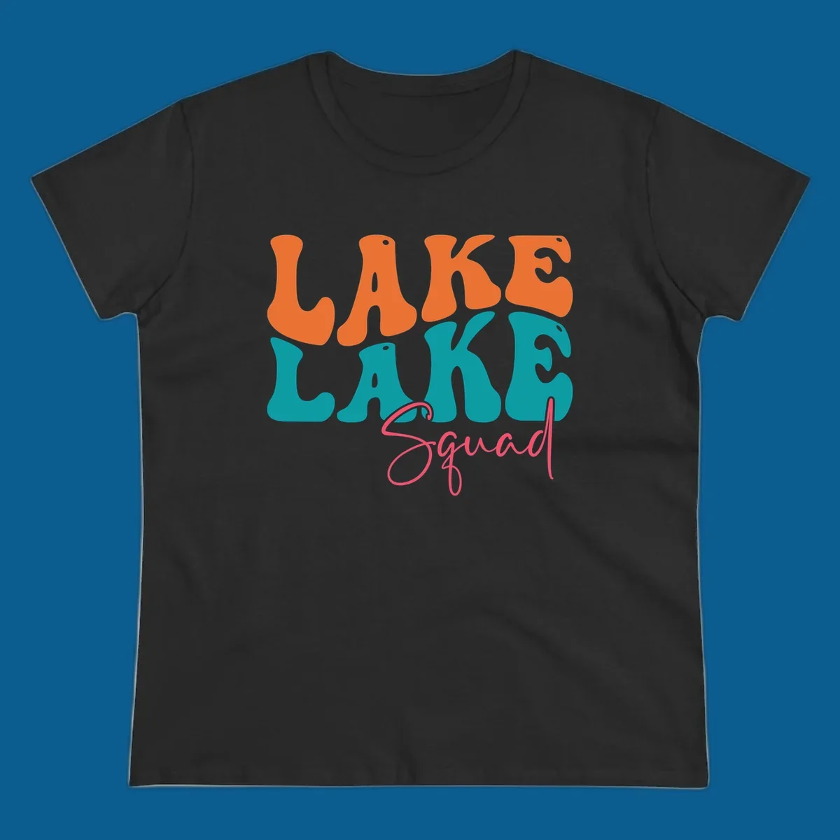 Retro LAKE LAKE Squad text design in orange, teal, and pink.