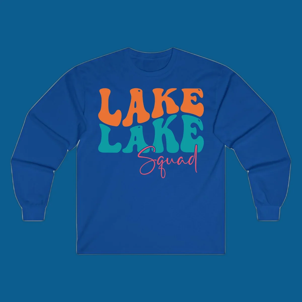 Retro LAKE LAKE Squad text design in orange, teal, and pink.