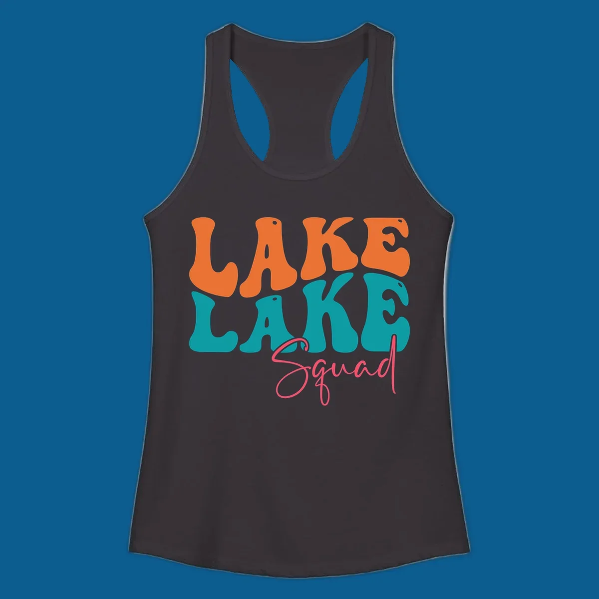 Retro LAKE LAKE Squad text design in orange, teal, and pink.