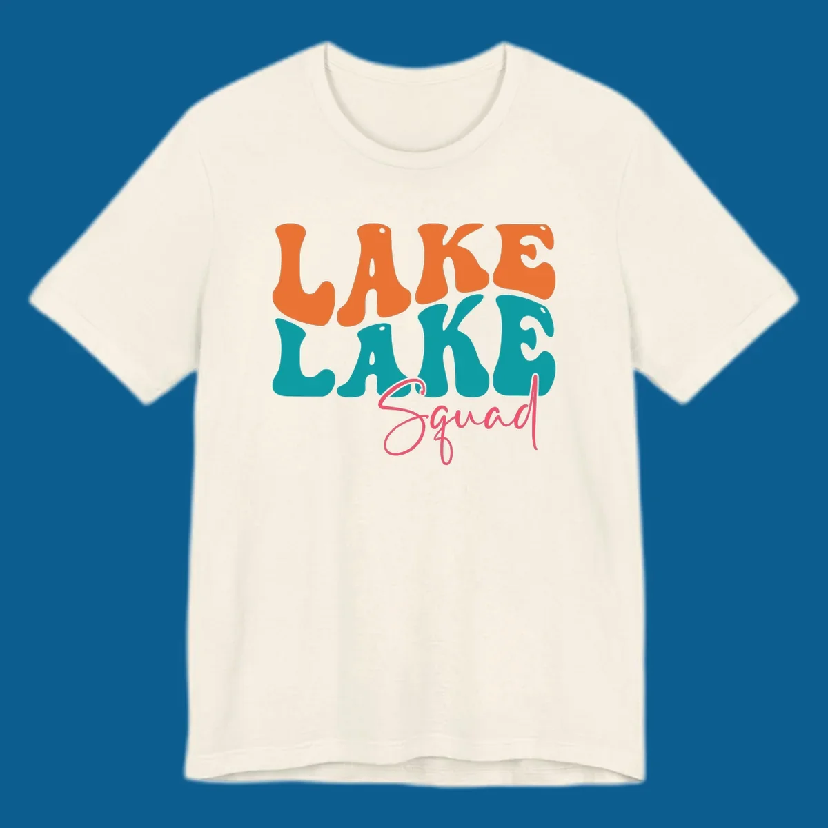 Retro LAKE LAKE Squad text design in orange, teal, and pink.