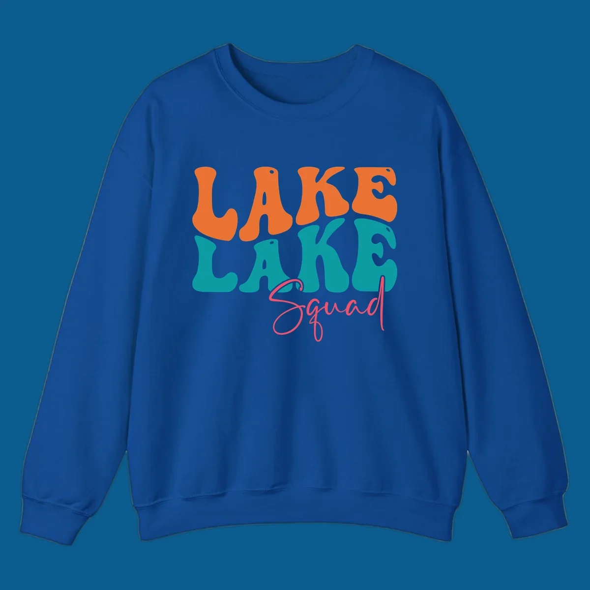 Retro LAKE LAKE Squad text design in orange, teal, and pink.