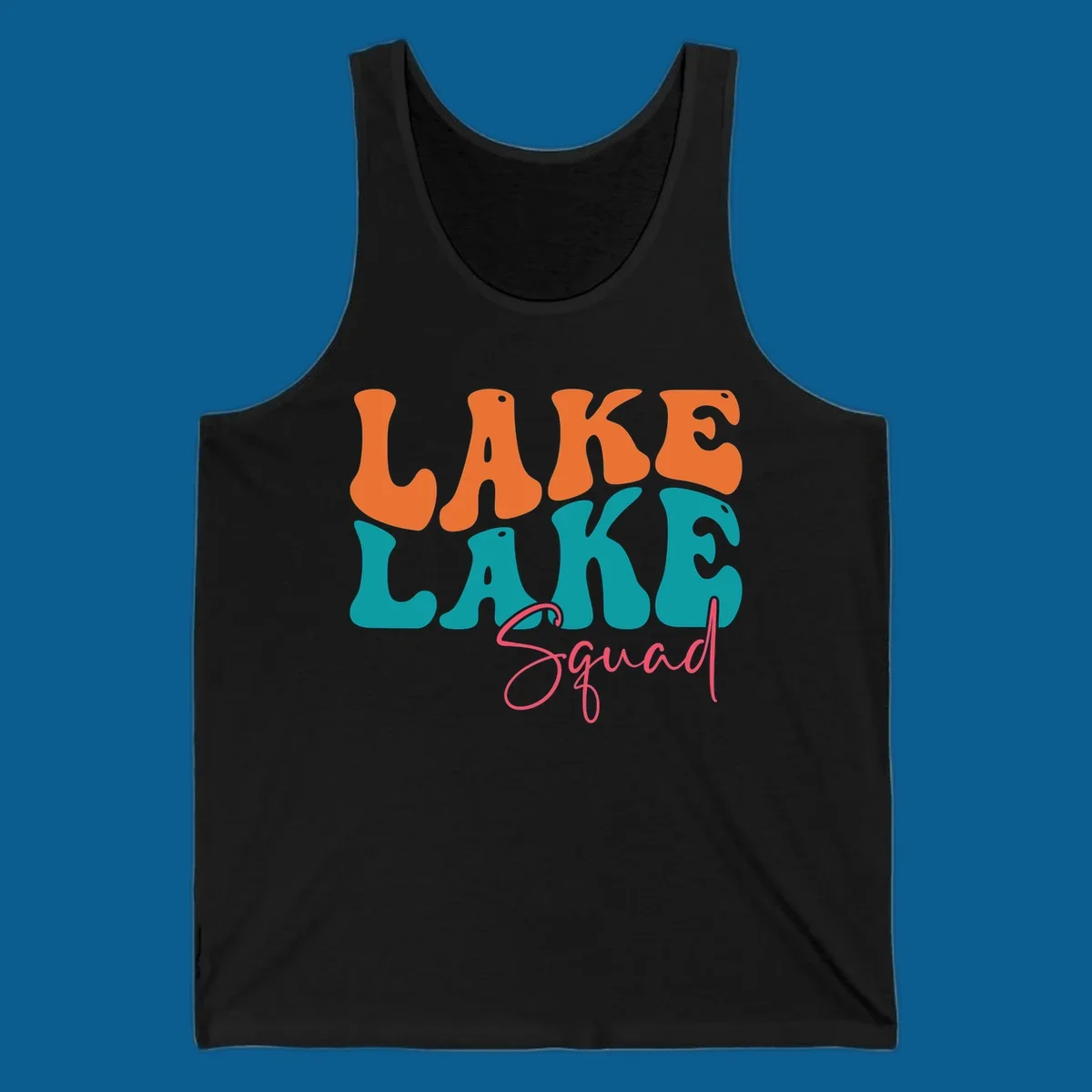 Retro LAKE LAKE Squad text design in orange, teal, and pink.