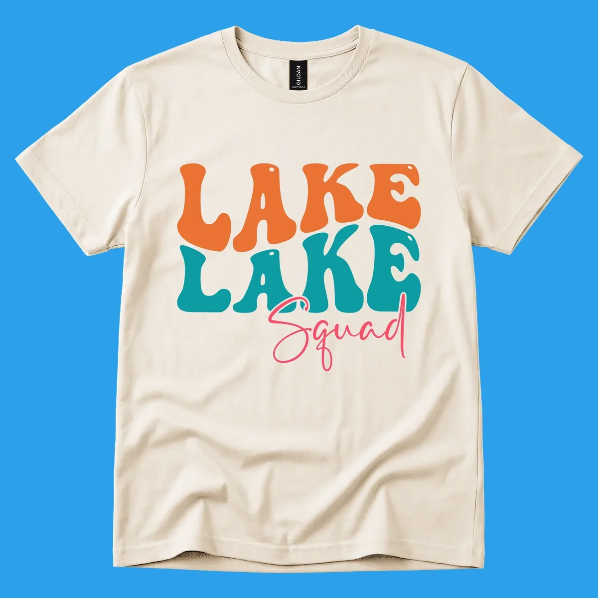 Retro LAKE LAKE Squad text design in orange, teal, and pink.