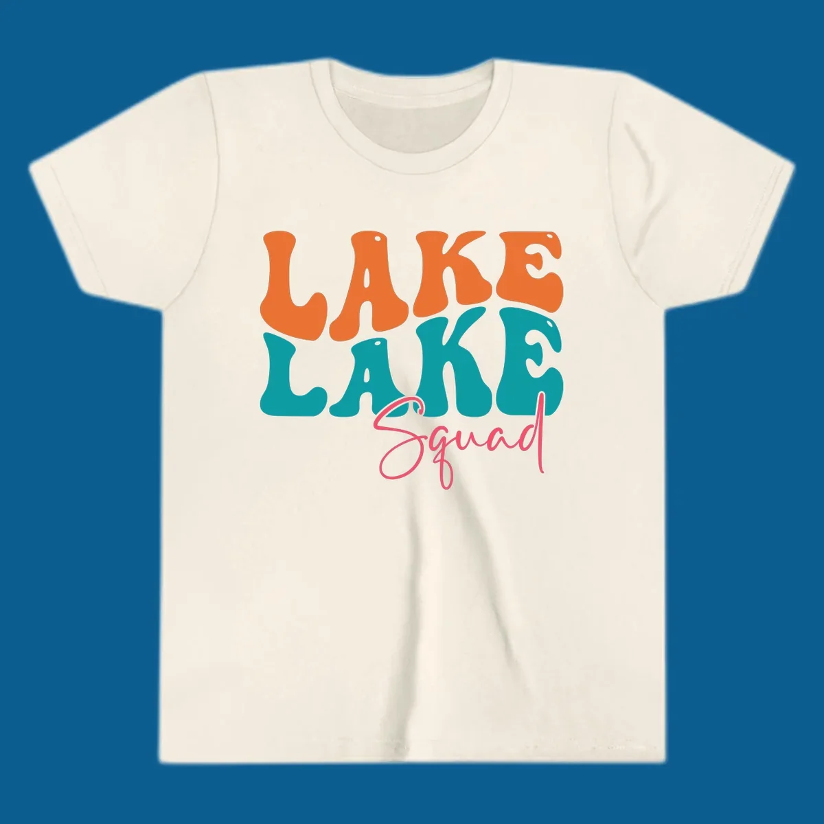Retro LAKE LAKE Squad text design in orange, teal, and pink.