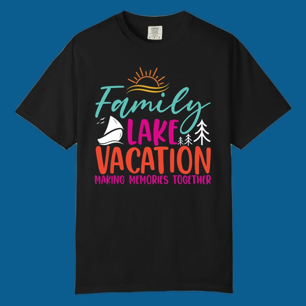 Family lake vacation text with sailboat and sun illustration.