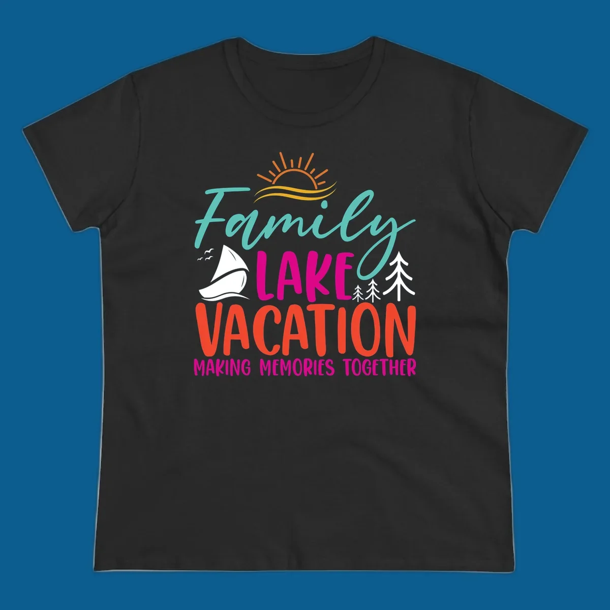 Family lake vacation text with sailboat and sun illustration.