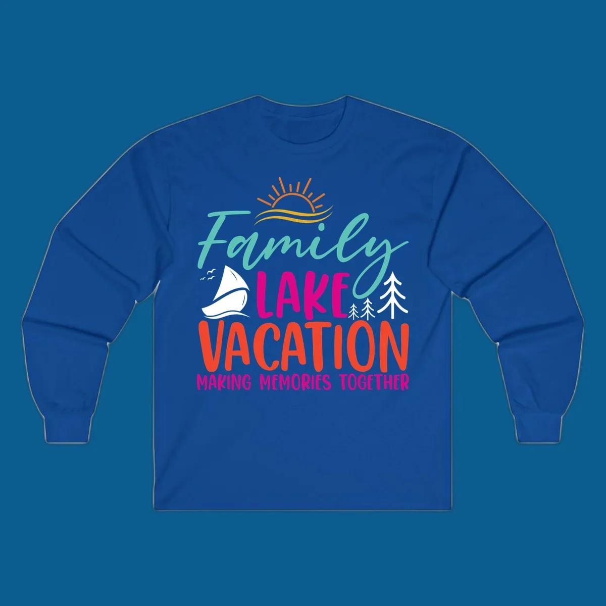 Family lake vacation text with sailboat and sun illustration.