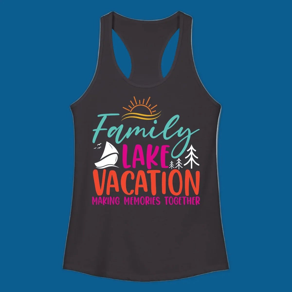 Family lake vacation text with sailboat and sun illustration.