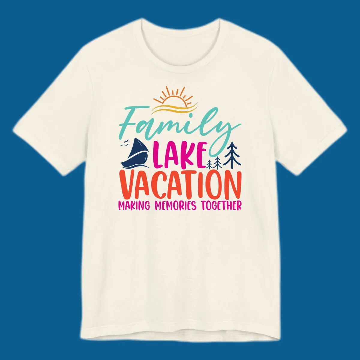 Family lake vacation text with sailboat and sun illustration.