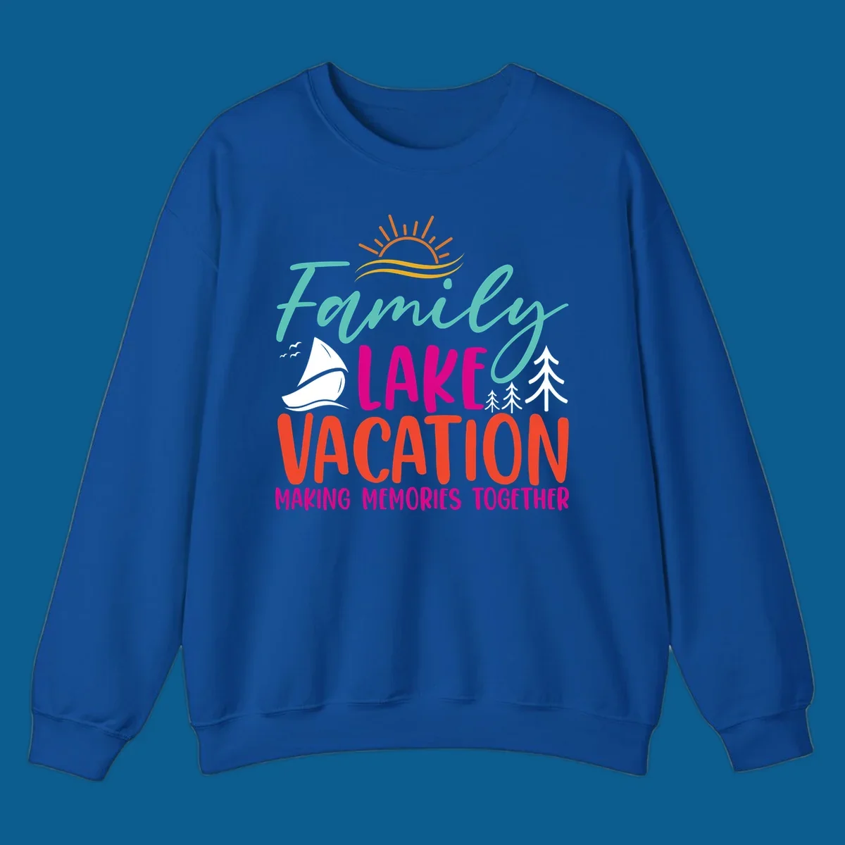 Family lake vacation text with sailboat and sun illustration.