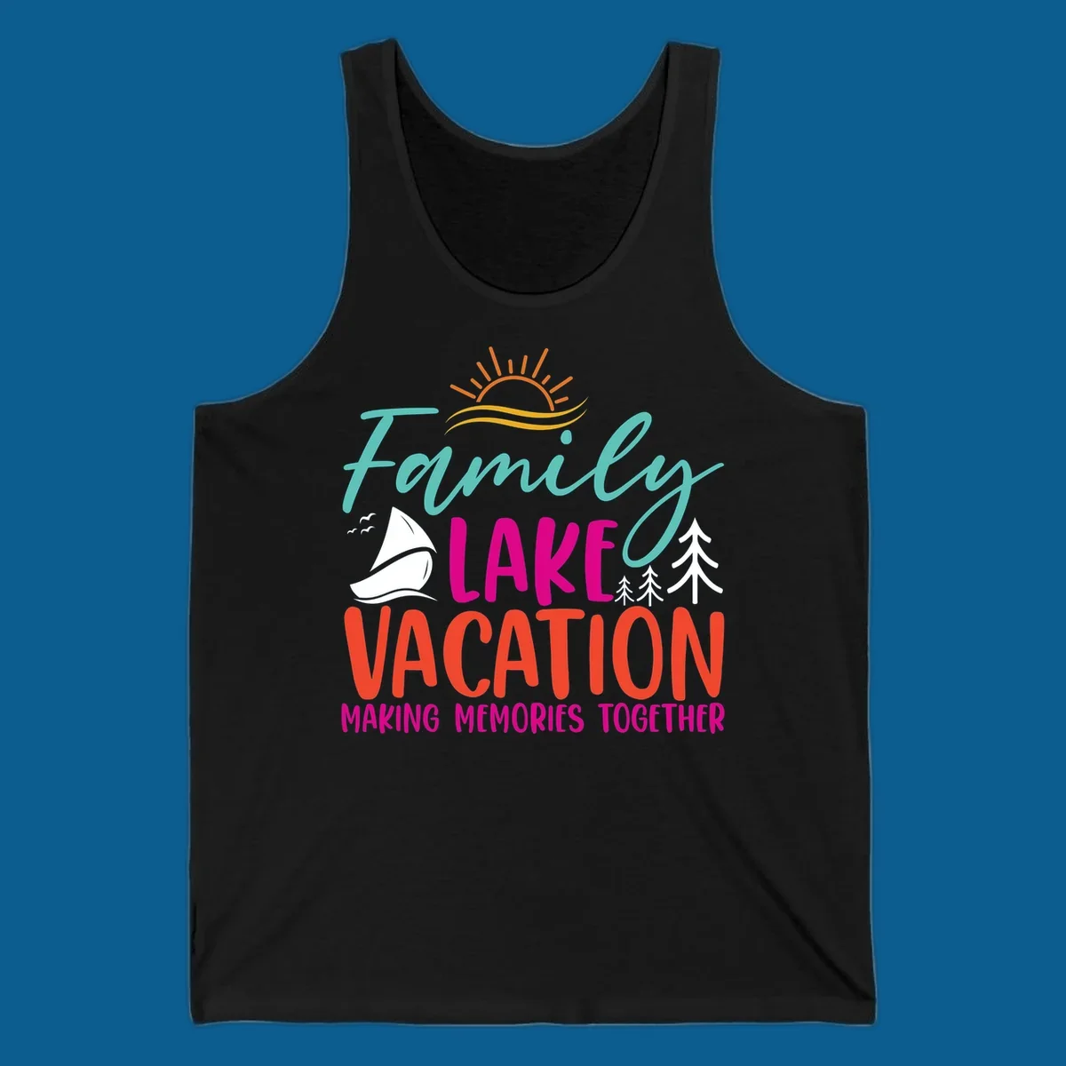 Family lake vacation text with sailboat and sun illustration.