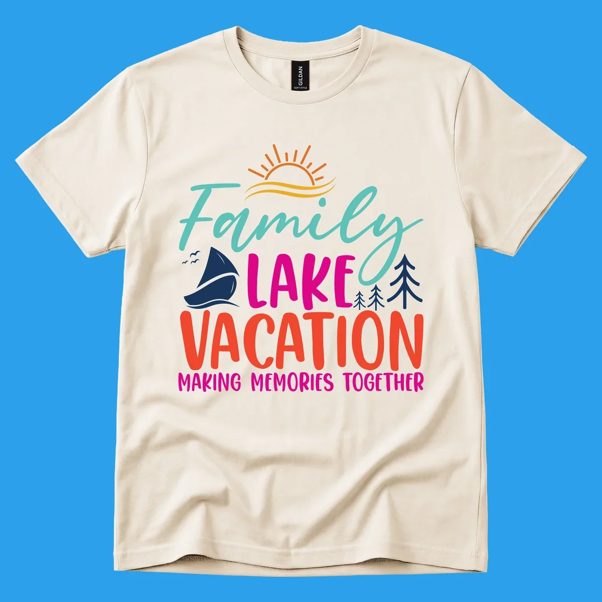 Family lake vacation text with sailboat and sun illustration.