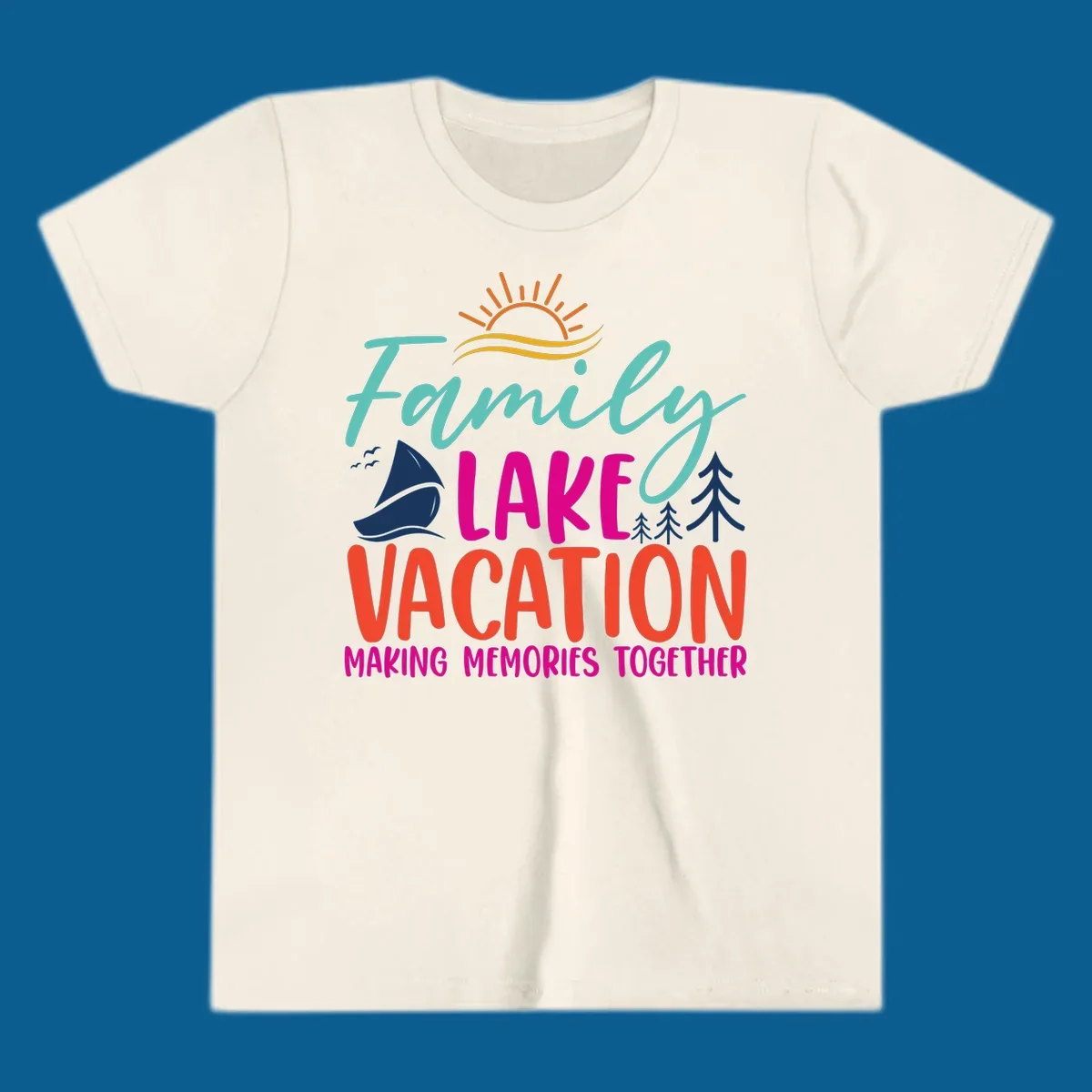 Family lake vacation text with sailboat and sun illustration.