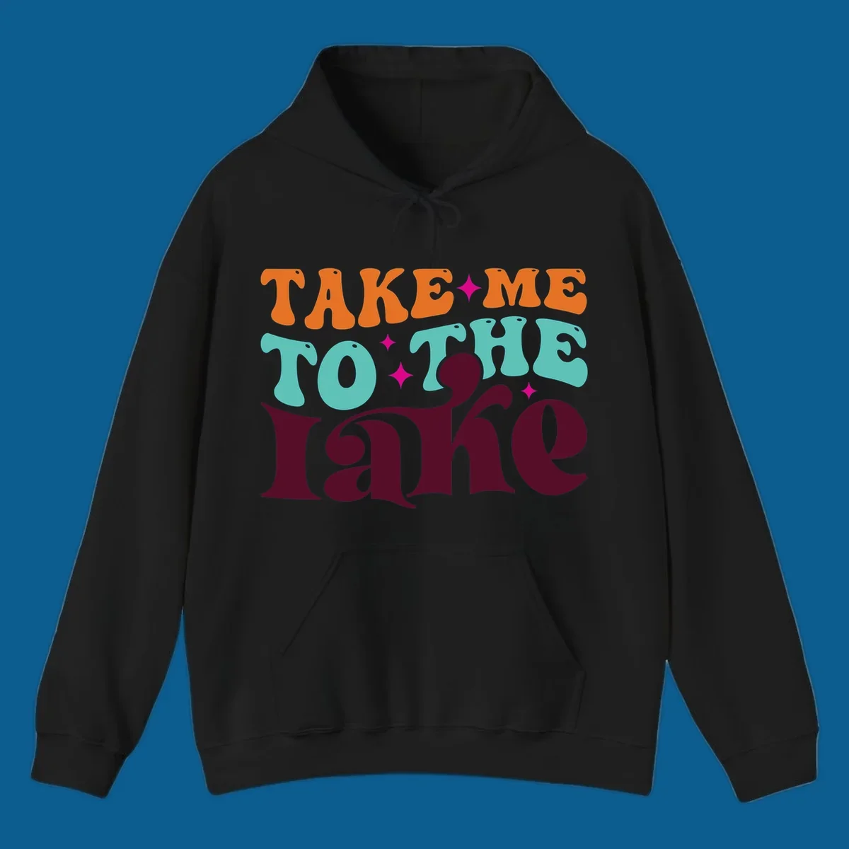 Retro typography design with the phrase 'TAKE ME TO THE lake' in orange, teal, and purple.