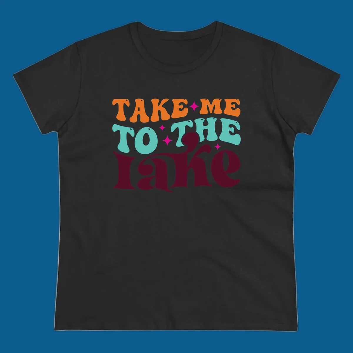 Retro typography design with the phrase 'TAKE ME TO THE lake' in orange, teal, and purple.