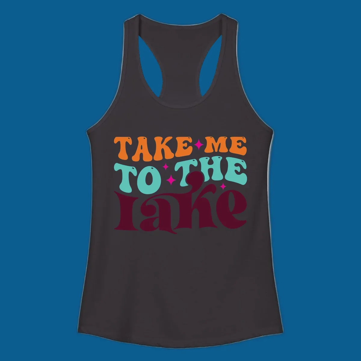 Retro typography design with the phrase 'TAKE ME TO THE lake' in orange, teal, and purple.