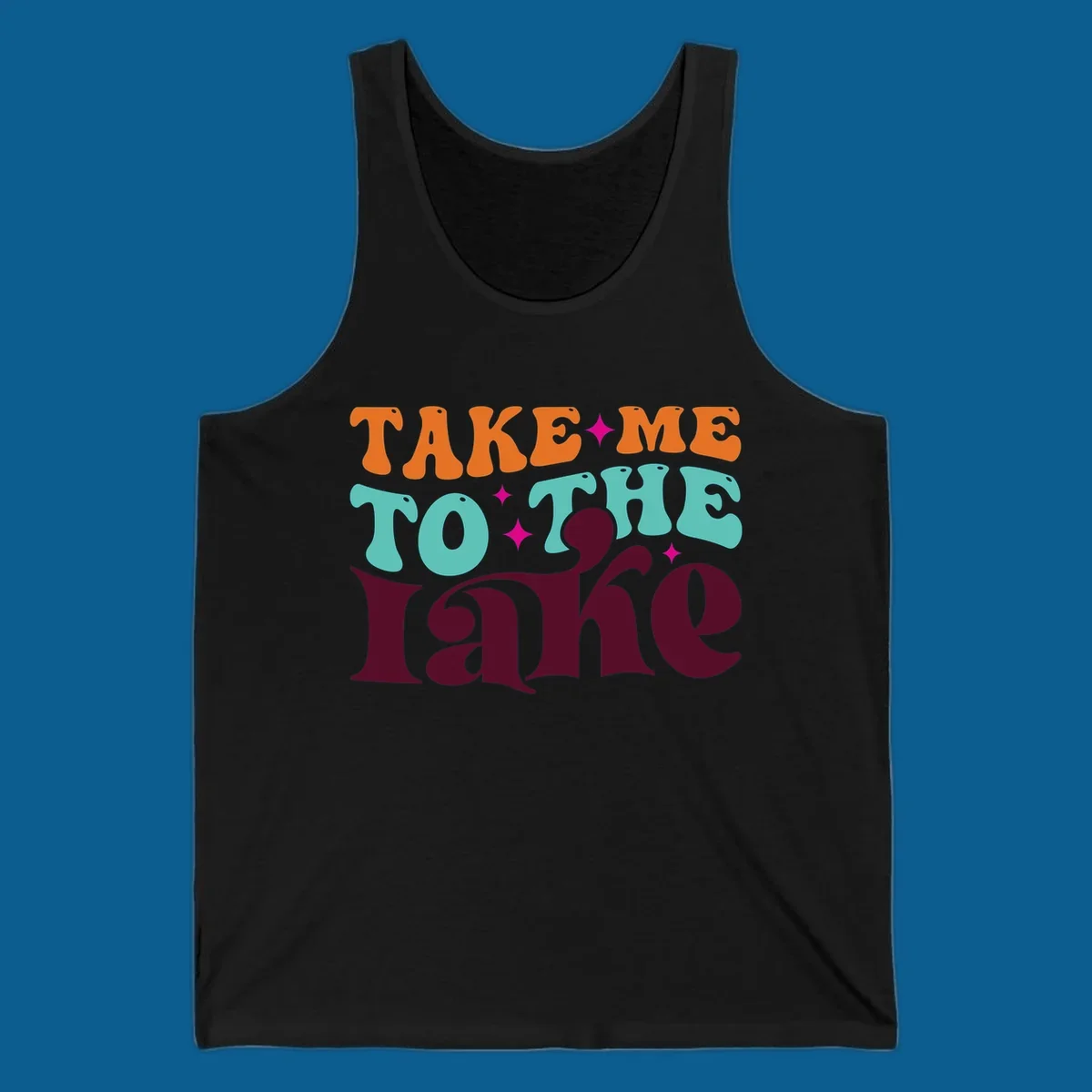Retro typography design with the phrase 'TAKE ME TO THE lake' in orange, teal, and purple.