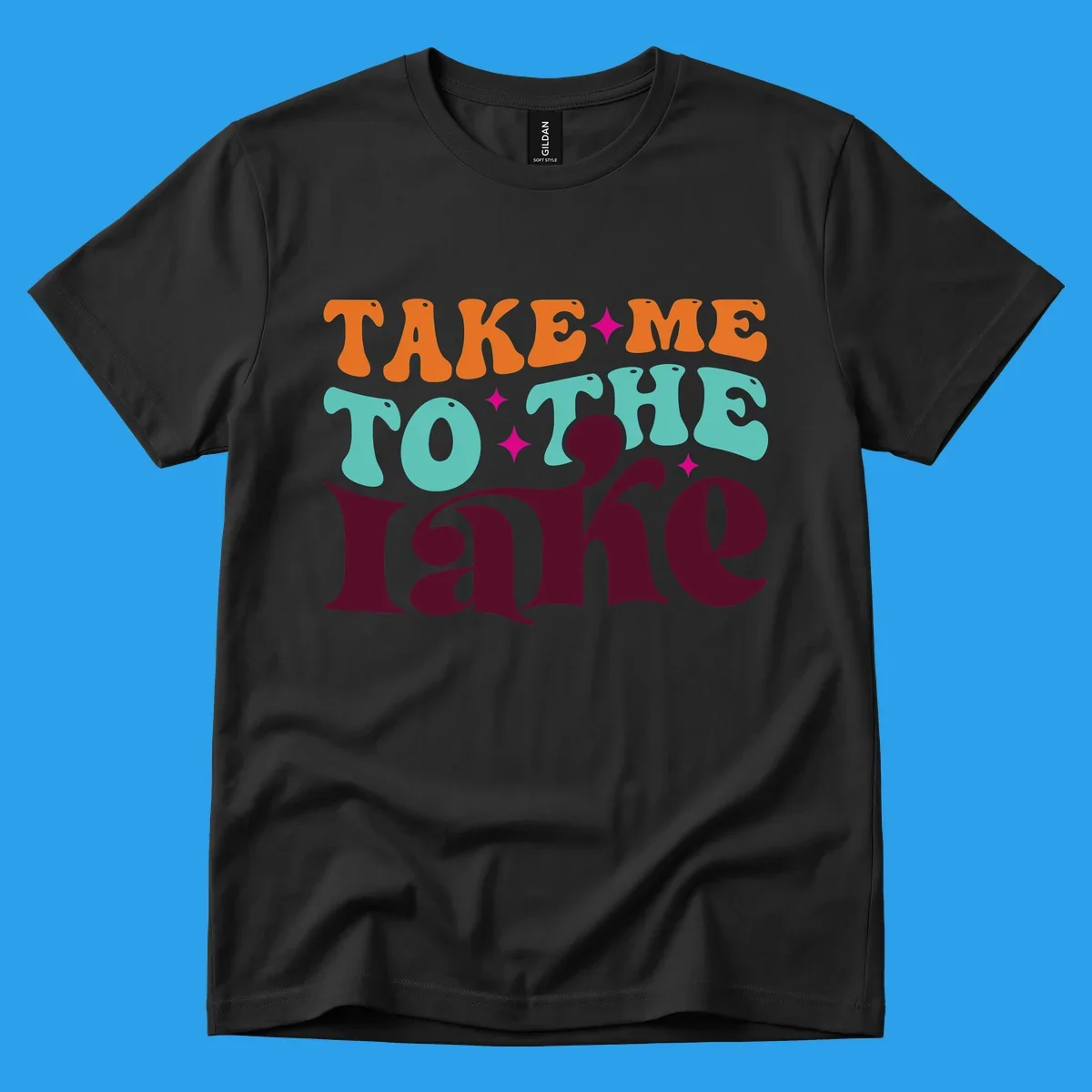 Retro typography design with the phrase 'TAKE ME TO THE lake' in orange, teal, and purple.