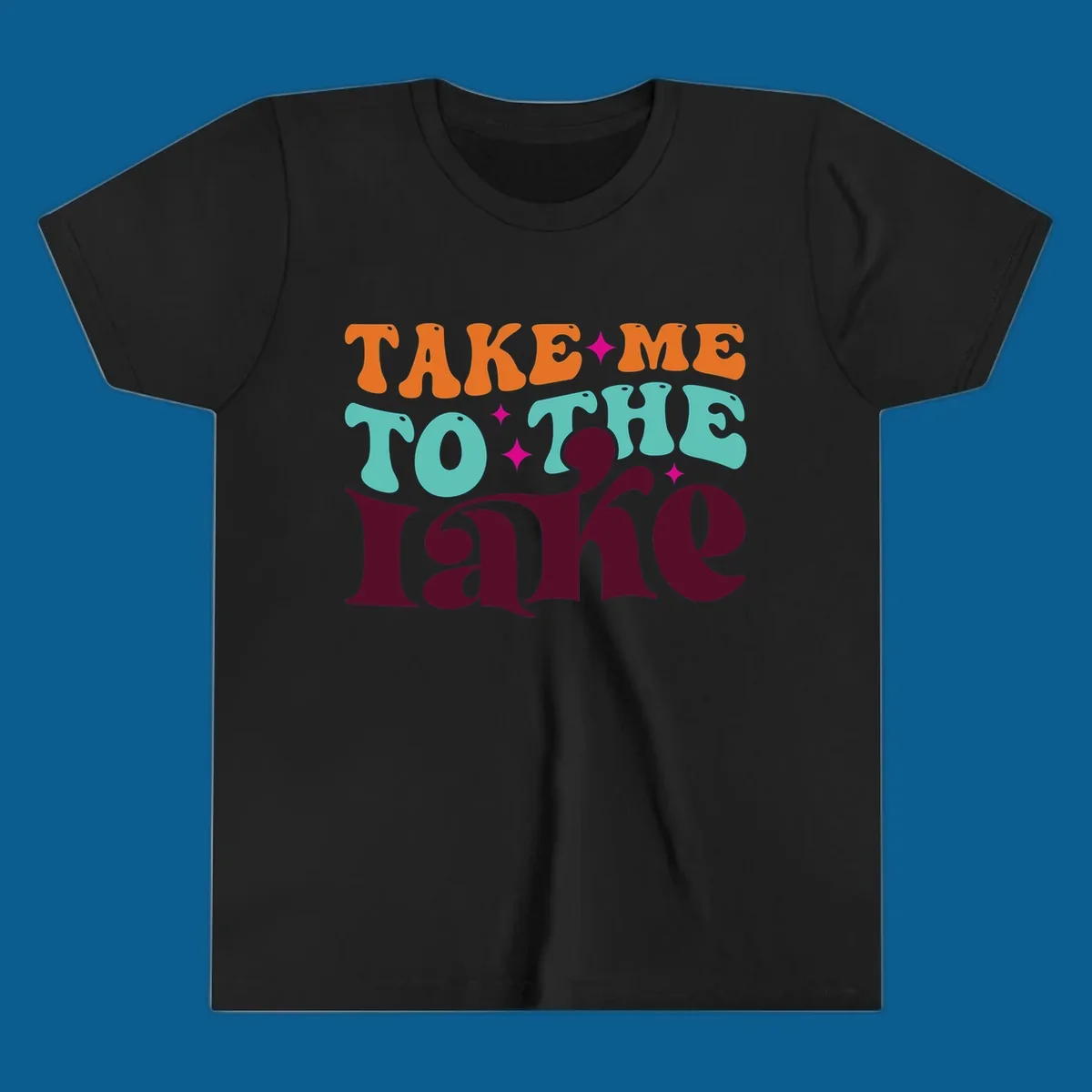 Retro typography design with the phrase 'TAKE ME TO THE lake' in orange, teal, and purple.