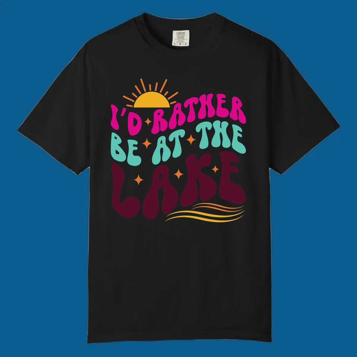 Retro 'I'd Rather Be At The Lake' text design with sun and stars. lake-life-retro