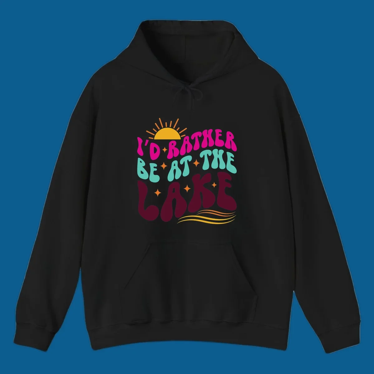 Retro 'I'd Rather Be At The Lake' text design with sun and stars. lake-life-retro