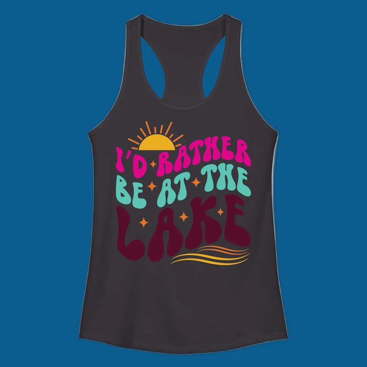 Retro 'I'd Rather Be At The Lake' text design with sun and stars. lake-life-retro