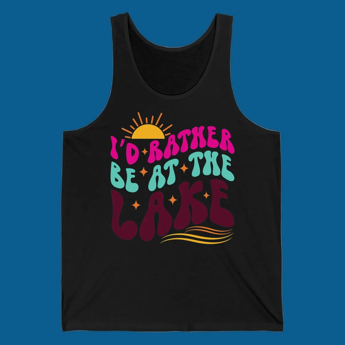 Retro 'I'd Rather Be At The Lake' text design with sun and stars. lake-life-retro