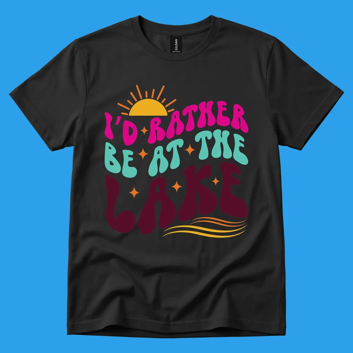 Retro 'I'd Rather Be At The Lake' text design with sun and stars. lake-life-retro