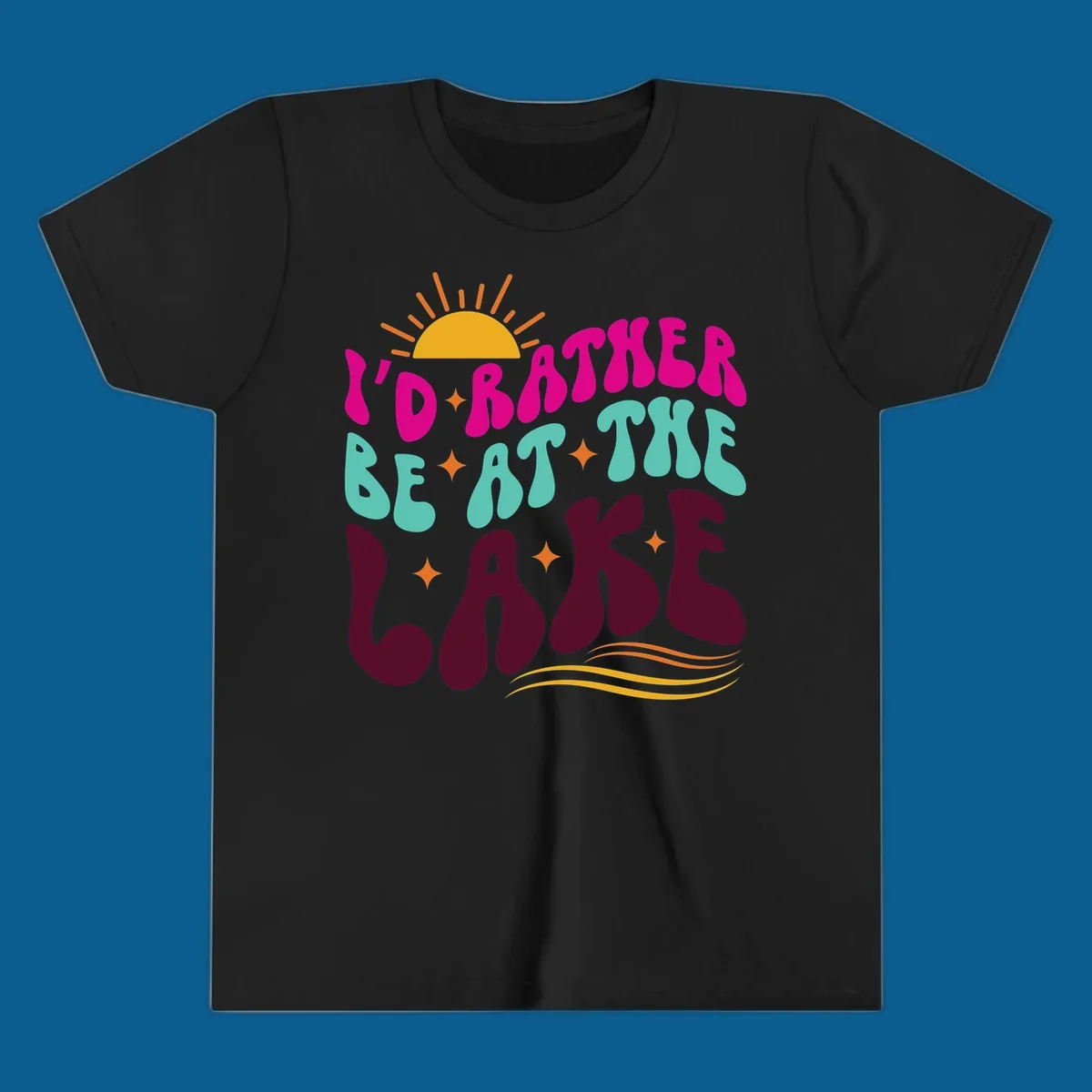 Retro 'I'd Rather Be At The Lake' text design with sun and stars. lake-life-retro