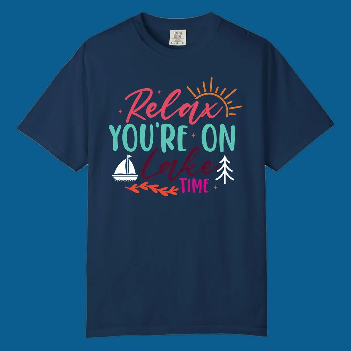 Lake time relaxation text with sailboat and sun graphic