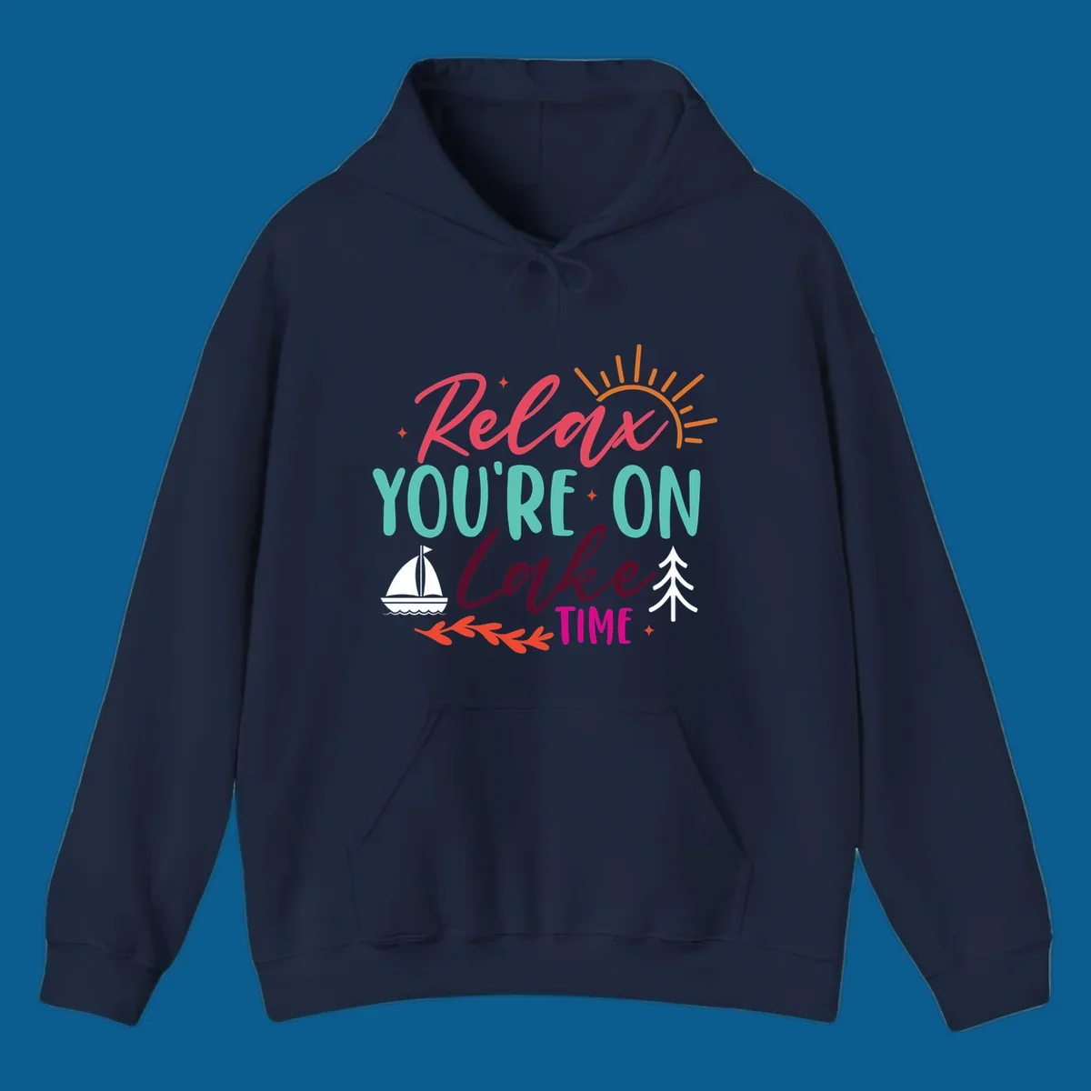 Lake time relaxation text with sailboat and sun graphic