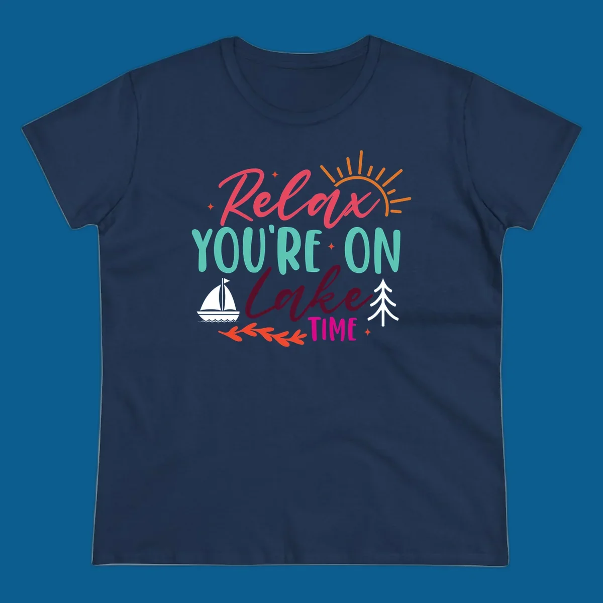 Lake time relaxation text with sailboat and sun graphic