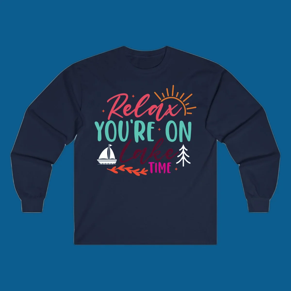 Lake time relaxation text with sailboat and sun graphic