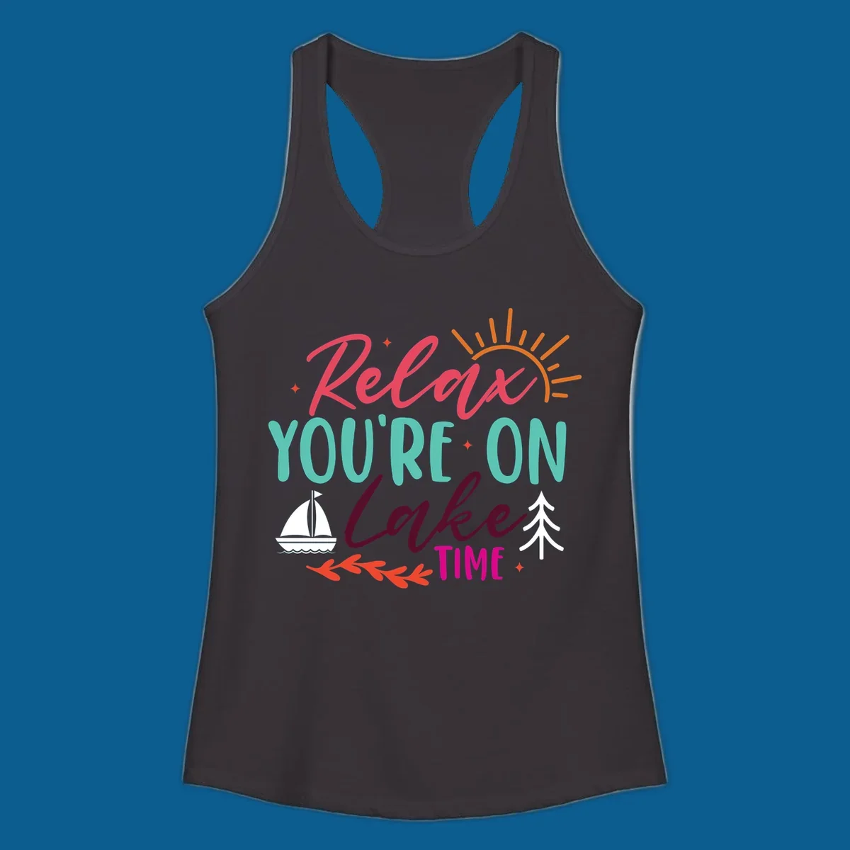 Lake time relaxation text with sailboat and sun graphic