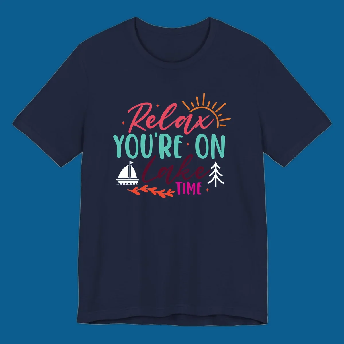 Lake time relaxation text with sailboat and sun graphic
